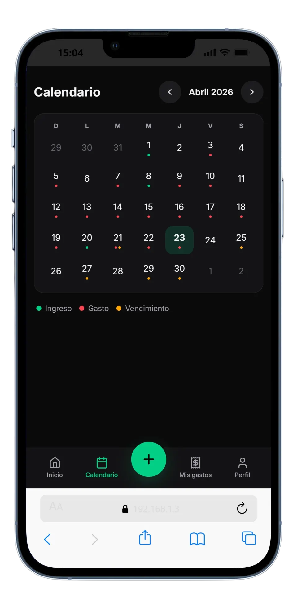 Vista mensual del calendario con vencimientos